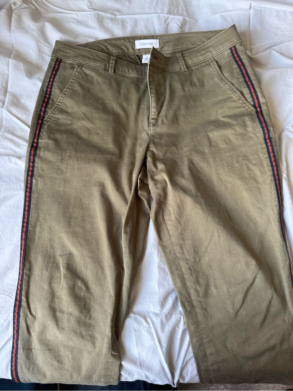 Calvin Klein Olive Chinos with Red and Navy Side Stripes